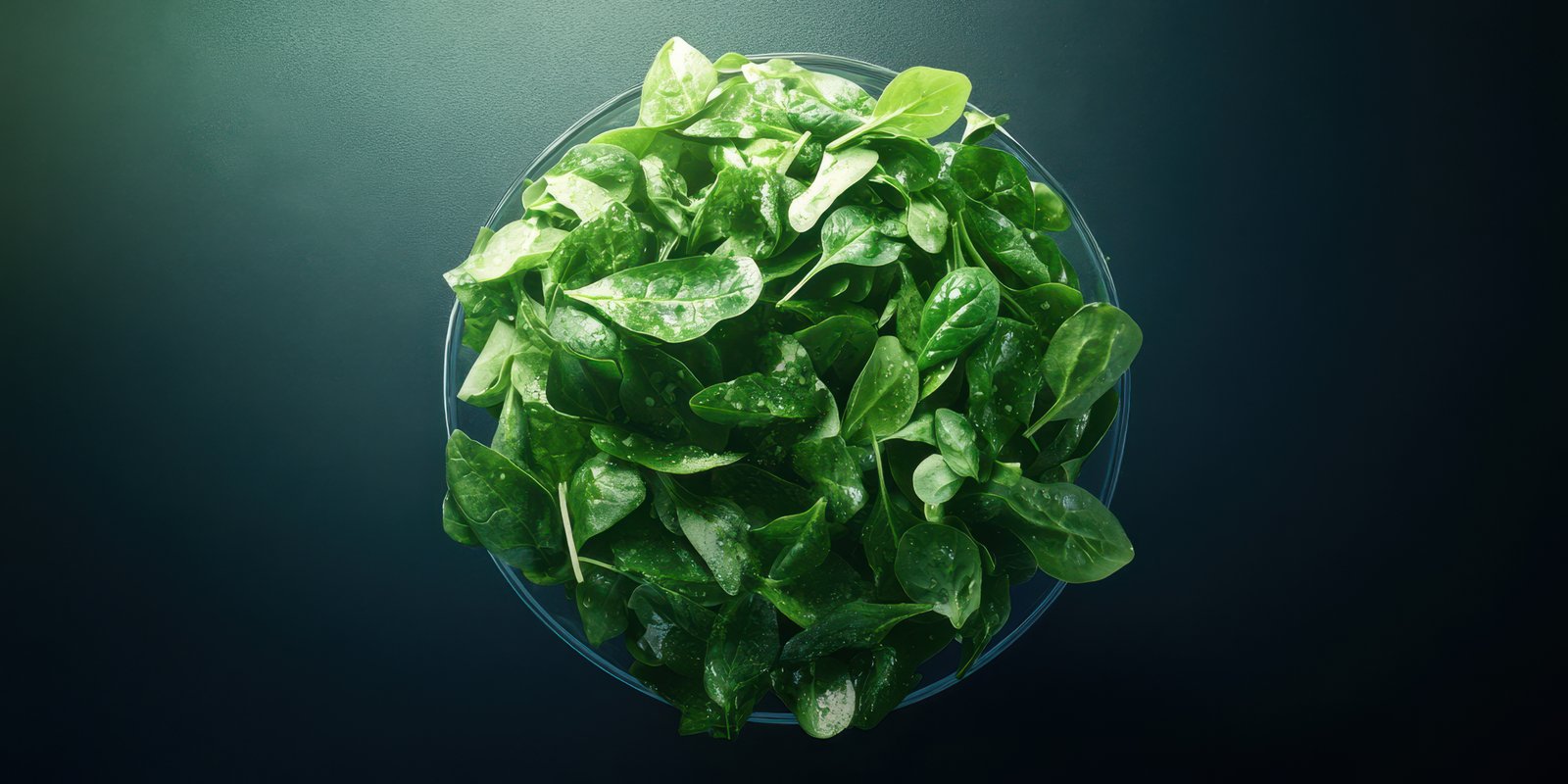Fresh spinach leaves in a clear bowl on a dark surface, showcasing vibrant green color and texture